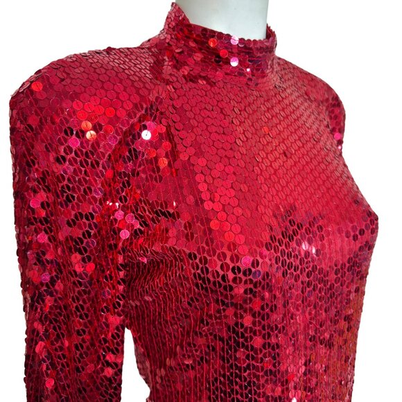 Vintage OLEG CASSINI 12 Open Back True Red Sequin Dress 80s 90s Mob Wife Large - Picture 2 of 11